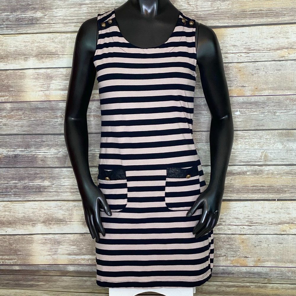Monteau Navy Blue & Tan Striped Sailor Dress Women's Size Medium Mini Sleeveless - Picture 1 of 6
